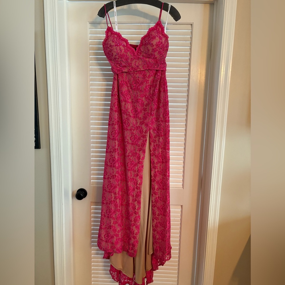 Elegant Pink Lace Rhinestone Prom Dress